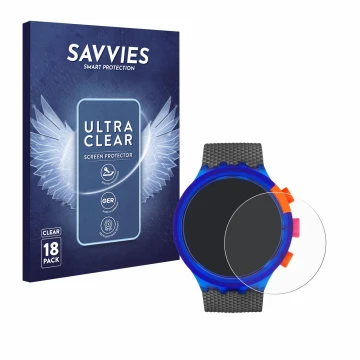 Vorderseite einer Produktverpackung mit dem Markenlogo Savvies. Daneben ist das Gerät Swatch Neon Party mit dem zugehörigen Di