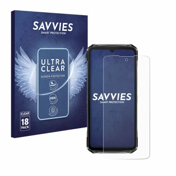 Vorderseite einer Produktverpackung mit dem Markenlogo Savvies. Daneben ist das Gerät Doogee S119 mit dem zugehörigen Displays