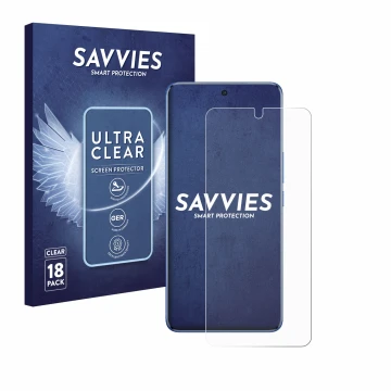 Vorderseite einer Produktverpackung mit dem Markenlogo Savvies. Daneben ist das Gerät Vivo V50 mit dem zugehörigen Displayschu