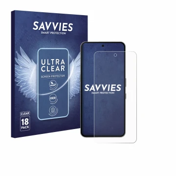 Vorderseite einer Produktverpackung mit dem Markenlogo Savvies. Daneben ist das Gerät Nothing Phone (3a) Pro mit dem zugehörig