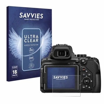 Vorderseite einer Produktverpackung mit dem Markenlogo Savvies. Daneben ist das Gerät Nikon Coolpix P1100 mit dem zugehörigen 