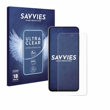 Vorderseite einer Produktverpackung mit dem Markenlogo Savvies. Daneben ist das Gerät Samsung Galaxy A56 5G mit dem zugehörige