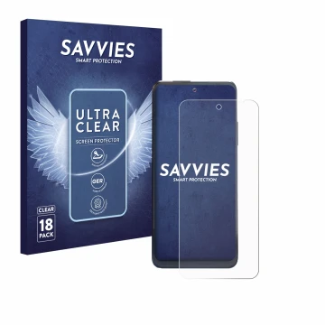 Vorderseite einer Produktverpackung mit dem Markenlogo Savvies. Daneben ist das Gerät Thuraya One mit dem zugehörigen Displays