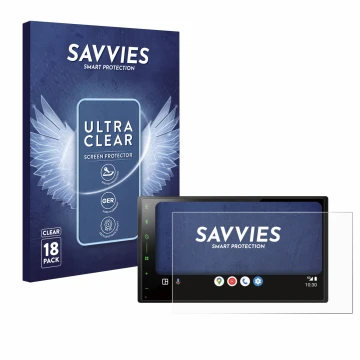 Vorderseite einer Produktverpackung mit dem Markenlogo Savvies. Daneben ist das Gerät Pioneer SPH-DA77DAB mit dem zugehörigen 