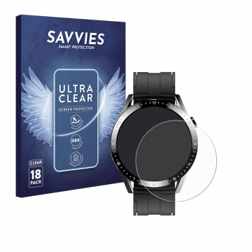 Vorderseite einer Produktverpackung mit dem Markenlogo Savvies. Daneben ist das Gerät Tracer Smartwatch SM9 mit dem zugehörige
