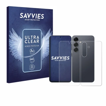 Vorderseite einer Produktverpackung mit dem Markenlogo Savvies. Daneben ist das Gerät Samsung Galaxy S25 Enterprise Edition (D