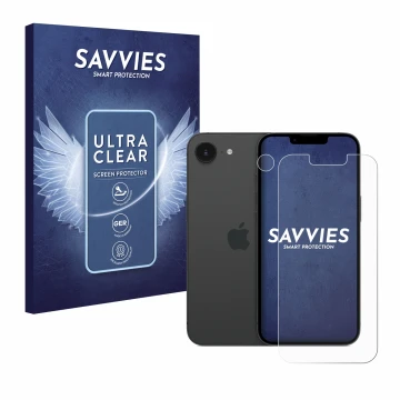 Vorderseite einer Produktverpackung mit dem Markenlogo Savvies. Daneben ist das Gerät Apple iPhone 16e (Display+Kamera) mit de