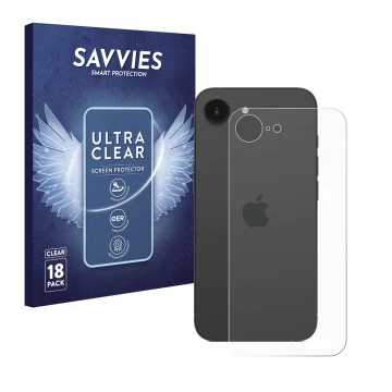 Vorderseite einer Produktverpackung mit dem Markenlogo Savvies. Daneben ist das Gerät Apple iPhone 16e (Rückseite) mit dem zug
