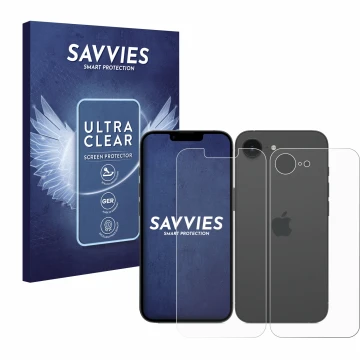 Vorderseite einer Produktverpackung mit dem Markenlogo Savvies. Daneben ist das Gerät Apple iPhone 16e (Display+Rückseite) mit