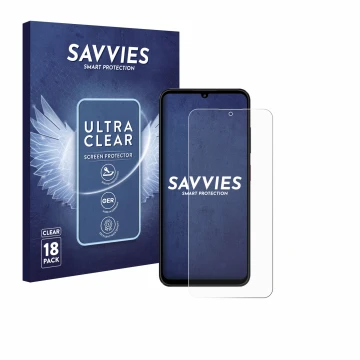 Vorderseite einer Produktverpackung mit dem Markenlogo Savvies. Daneben ist das Gerät ZTE Blade A55 mit dem zugehörigen Displa