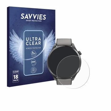 Vorderseite einer Produktverpackung mit dem Markenlogo Savvies. Daneben ist das Gerät Hama Smartwatch 9000 mit dem zugehörigen