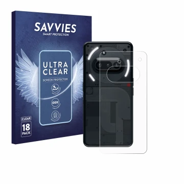 Vorderseite einer Produktverpackung mit dem Markenlogo Savvies. Daneben ist das Gerät Nothing Phone (3a) (Rückseite) mit dem z