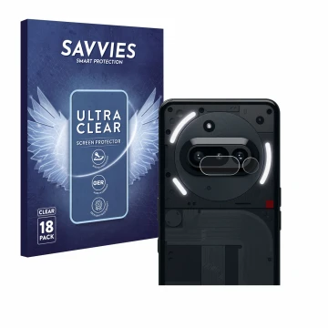Vorderseite einer Produktverpackung mit dem Markenlogo Savvies. Daneben ist das Gerät Nothing Phone (3a) (NUR Kameraschutz) mi