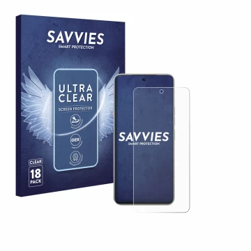 Vorderseite einer Produktverpackung mit dem Markenlogo Savvies. Daneben ist das Gerät Tecno Camon 40 Premier mit dem zugehörig