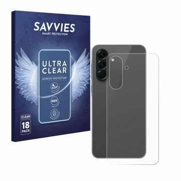 Vorderseite einer Produktverpackung mit dem Markenlogo Savvies. Daneben ist das Gerät Samsung Galaxy A56 5G (Rückseite) mit de