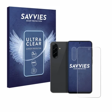 Vorderseite einer Produktverpackung mit dem Markenlogo Savvies. Daneben ist das Gerät Samsung Galaxy A36 5G (Display+Kamera) m