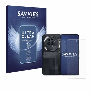 Vorderseite einer Produktverpackung mit dem Markenlogo Savvies. Daneben ist das Gerät Nothing Phone (3a) Pro (Display+Kamera) 