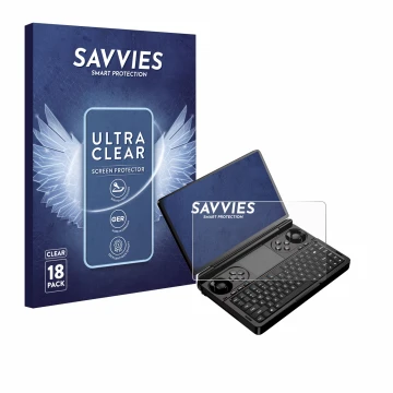 Vorderseite einer Produktverpackung mit dem Markenlogo Savvies. Daneben ist das Gerät GPD Win Mini (2025) mit dem zugehörigen 