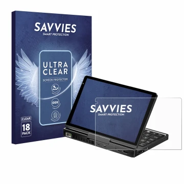 Vorderseite einer Produktverpackung mit dem Markenlogo Savvies. Daneben ist das Gerät GPD Pocket 4 mit dem zugehörigen Display