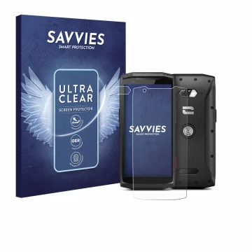 Vorderseite einer Produktverpackung mit dem Markenlogo Savvies. Daneben ist das Gerät Crosscall Core-M5 (Display+Kamera) mit d