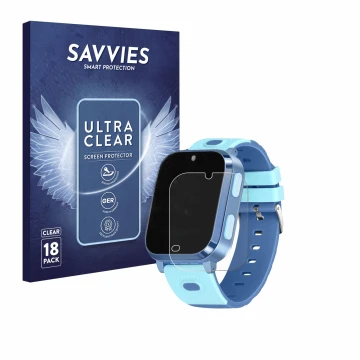 Vorderseite einer Produktverpackung mit dem Markenlogo Savvies. Daneben ist das Gerät Noctiluxia 4G Kids Smartwatch mit dem zu