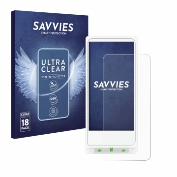Vorderseite einer Produktverpackung mit dem Markenlogo Savvies. Daneben ist das Gerät Clover Flex mit dem zugehörigen Displays