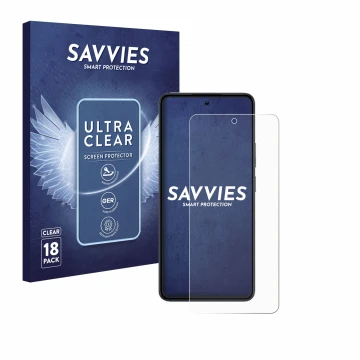 Vorderseite einer Produktverpackung mit dem Markenlogo Savvies. Daneben ist das Gerät realme 14 mit dem zugehörigen Displaysch