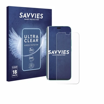 Vorderseite einer Produktverpackung mit dem Markenlogo Savvies. Daneben ist das Gerät Honor 400 Lite mit dem zugehörigen Displ