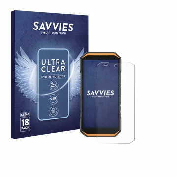 Vorderseite einer Produktverpackung mit dem Markenlogo Savvies. Daneben ist das Gerät Ulefone Armor X32 mit dem zugehörigen Di