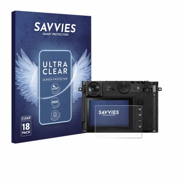 Vorderseite einer Produktverpackung mit dem Markenlogo Savvies. Daneben ist das Gerät Fujifilm GFX 100RF mit dem zugehörigen D