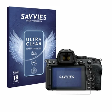 Vorderseite einer Produktverpackung mit dem Markenlogo Savvies. Daneben ist das Gerät Nikon Z5 II mit dem zugehörigen Displays