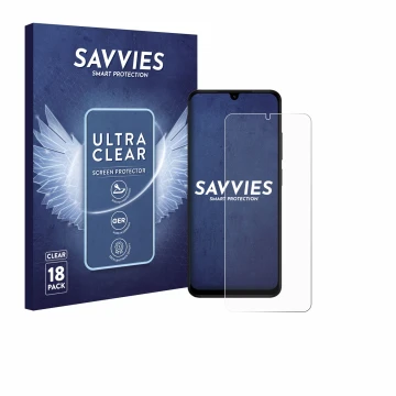 Vorderseite einer Produktverpackung mit dem Markenlogo Savvies. Daneben ist das Gerät Xiaomi Redmi A5 mit dem zugehörigen Disp