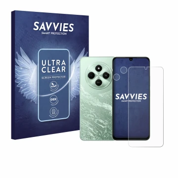 Vorderseite einer Produktverpackung mit dem Markenlogo Savvies. Daneben ist das Gerät Xiaomi Poco C75 (Display+Kamera) mit dem