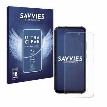 Vorderseite einer Produktverpackung mit dem Markenlogo Savvies. Daneben ist das Gerät Samsung Galaxy XCover 7 Enterprise Editi
