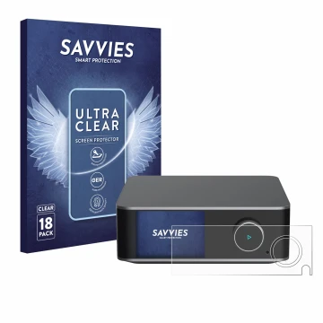 Vorderseite einer Produktverpackung mit dem Markenlogo Savvies. Daneben ist das Gerät WiiM Ultra mit dem zugehörigen Displaysc