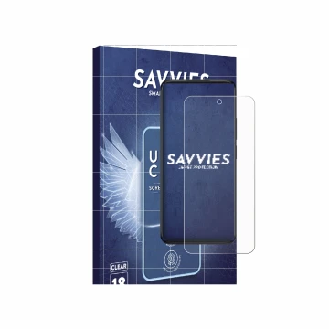 Vorderseite einer Produktverpackung mit dem Markenlogo Savvies. Daneben ist das Gerät TCL 60 5G mit dem zugehörigen Displaysch