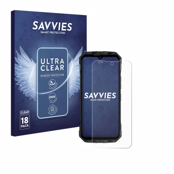Vorderseite einer Produktverpackung mit dem Markenlogo Savvies. Daneben ist das Gerät Doogee V Max S mit dem zugehörigen Displ