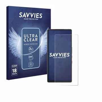 Vorderseite einer Produktverpackung mit dem Markenlogo Savvies. Daneben ist das Gerät ZTE Nubia Red Magic 10 Air mit dem zugeh