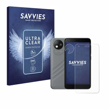 Vorderseite einer Produktverpackung mit dem Markenlogo Savvies. Daneben ist das Gerät ZTE Blade A35 lite (Display+Kamera) mit 