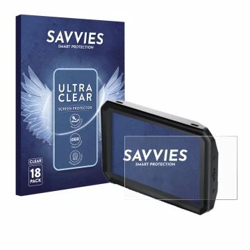 Vorderseite einer Produktverpackung mit dem Markenlogo Savvies. Daneben ist das Gerät Blackmagic Design Pyxis Monitor 5