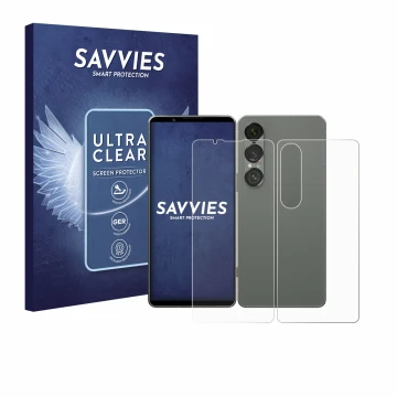 Vorderseite einer Produktverpackung mit dem Markenlogo Savvies. Daneben ist das Gerät Sony Xperia 1 VII (Display+Rückseite) mi