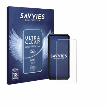 Vorderseite einer Produktverpackung mit dem Markenlogo Savvies. Daneben ist das Gerät Ulefone Armor 28 Pro mit dem zugehörigen