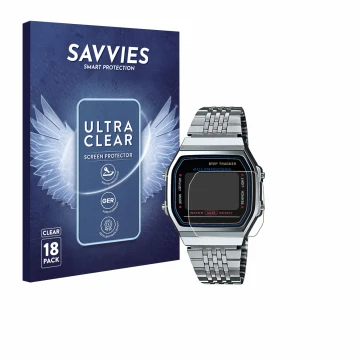 Vorderseite einer Produktverpackung mit dem Markenlogo Savvies. Daneben ist das Gerät Casio iconic ABL-100WE-1A mit dem zugehö