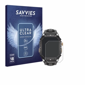 Vorderseite einer Produktverpackung mit dem Markenlogo Savvies. Daneben ist das Gerät Oukitel BT80 mit dem zugehörigen Display