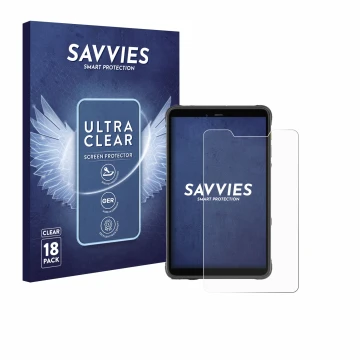 Vorderseite einer Produktverpackung mit dem Markenlogo Savvies. Daneben ist das Gerät Ulefone Armor Pad Pro mit dem zugehörige