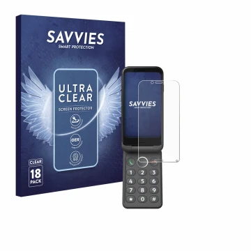 Vorderseite einer Produktverpackung mit dem Markenlogo Savvies. Daneben ist das Gerät Doro Aurora A20 mit dem zugehörigen Disp