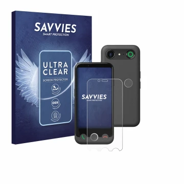Vorderseite einer Produktverpackung mit dem Markenlogo Savvies. Daneben ist das Gerät Doro Aurora A10 (Display+Kamera) mit dem