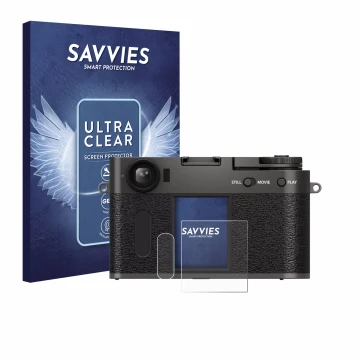 Vorderseite einer Produktverpackung mit dem Markenlogo Savvies. Daneben ist das Gerät Fujifilm X Half X-HF1 mit dem zugehörige