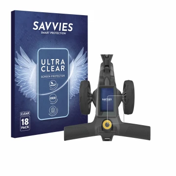 Vorderseite einer Produktverpackung mit dem Markenlogo Savvies. Daneben ist das Gerät PowaKaddy CT10 mit dem zugehörigen Displ