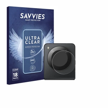 Vorderseite einer Produktverpackung mit dem Markenlogo Savvies. Daneben ist das Gerät Nubia Flip 5G (NUR Kamera) mit dem zugeh